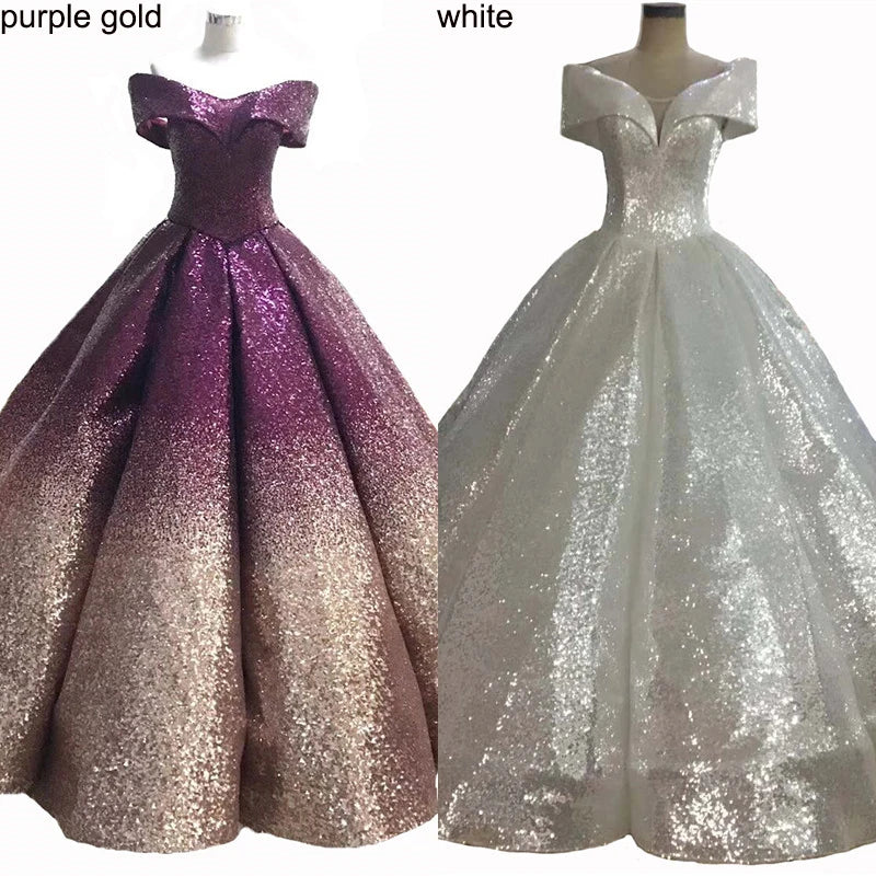 Contrast Coloar Off Shoulder Sexy Wedding Dress 2024 Luxury Sequined Sparkly High-end Bridal Gowns 66536 Custom Made