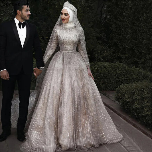 Muslim Sequined Sparkle Luxury High-end Wedding Dresses 2024 Ivory Long Sleeve Vintage Bridal Gown HA2214 Custom Made