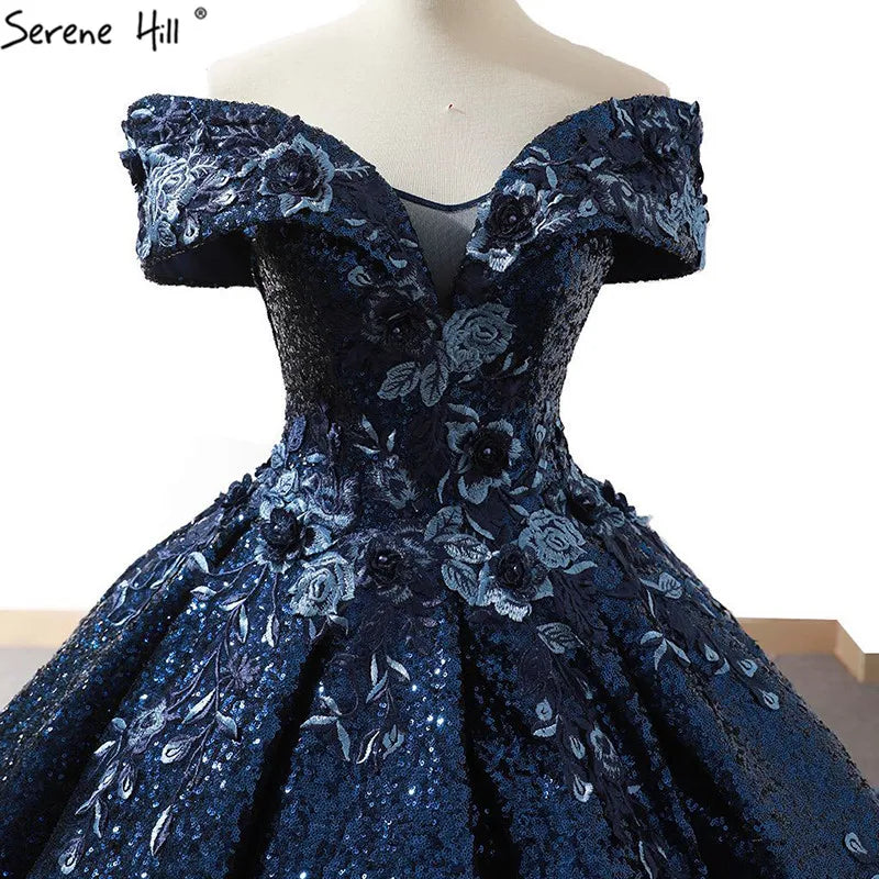 2024 Off Shoulder High-end Blue Bridal Wedding Dress New Sleeveless Sequined Sparkle Weddding Gown Real Photo 66536B