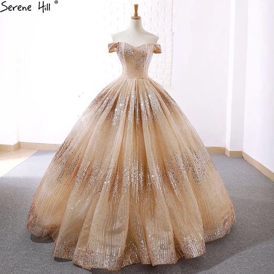 Champagne Vintage Luxury Sparkle Bridal Wedding Dress 2024 Off Shoulder Sexy Fashion Lace Up Wedding Gown Real Photo 66659