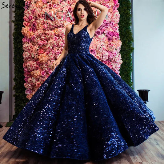 Blue Luxury Dubai Design V-Neck Wedding Dresses 2024 Sequin Sparkle Sleeveless High-end Wedding Gown Real Photo