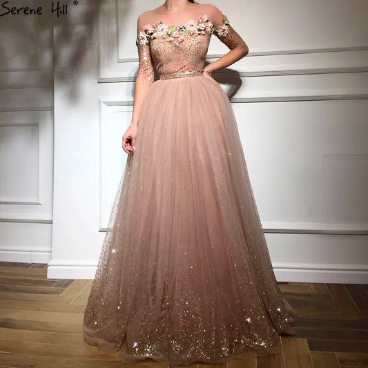 2024 New Fashion Half Sleeves Evening Dresses Beach Flowers Crystal Sparkle Formal Evening Gowns Serene Hill LA6536