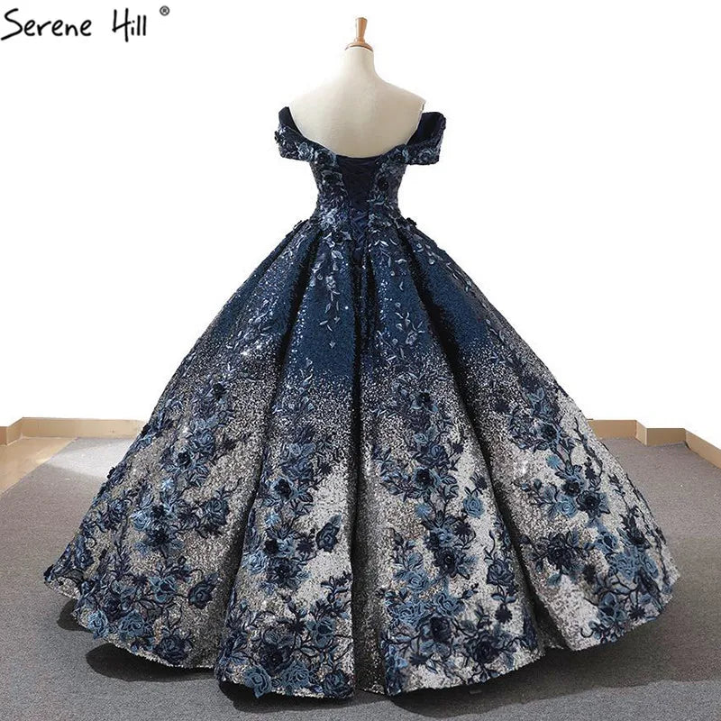 2024 Off Shoulder High-end Blue Bridal Wedding Dress New Sleeveless Sequined Sparkle Weddding Gown Real Photo 66536B