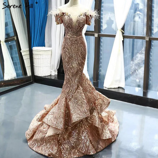 Dubai Late  Gold Short Sleeves Wedding Dresses 2024 Luxury Sequined Feathers Bridal Gowns Real Photo HM66749 Custom Made
