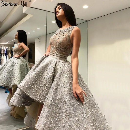 Grey Sexy Fashion Asymmetrical Tulle Evening Dresses 2024 Embroidery Pearls Sleeveless Formal Evening Gowns Serene Hill HM66595