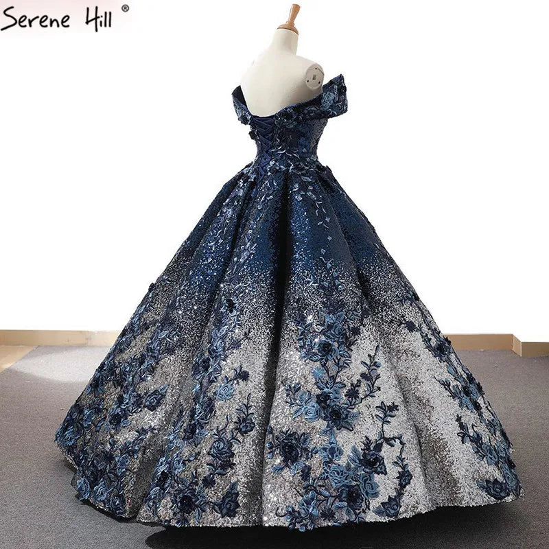 2024 Off Shoulder High-end Blue Bridal Wedding Dress New Sleeveless Sequined Sparkle Weddding Gown Real Photo 66536B