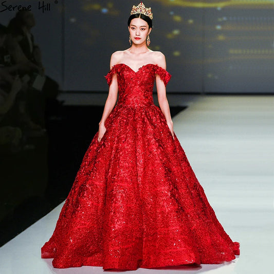 Dubai Designer Red Strapless Sexy Wedding Dresses Fashion Vintage Appliques Sequined New Bride Gowns 2024 Serene Hill HM66601
