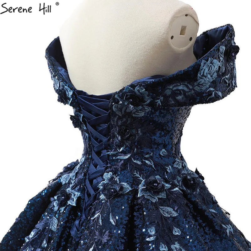 2024 Off Shoulder High-end Blue Bridal Wedding Dress New Sleeveless Sequined Sparkle Weddding Gown Real Photo 66536B