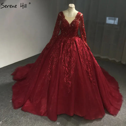 Wine Red High-end Luxury Vintage Wedding Dress 2024 Appliques Crystal Long Sleeves Sexy Bridal Gown Vestido de Novia