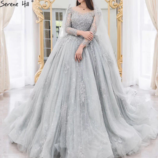 Grey Long Sleeves Luxury Sexy Wedding Dress With Beading Sequined Beading High-end Vintage Bridal Gowns 2024