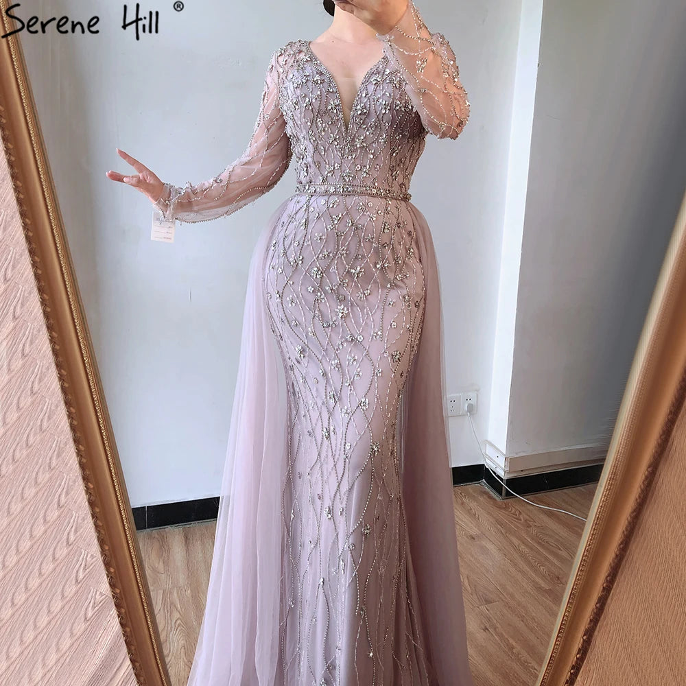 Lilac Long Sleeves Luxury Evening Dresses 2024 Dubai Elegant Diamond Mermaid Beaded Formal Dress Serene Hill LA70341