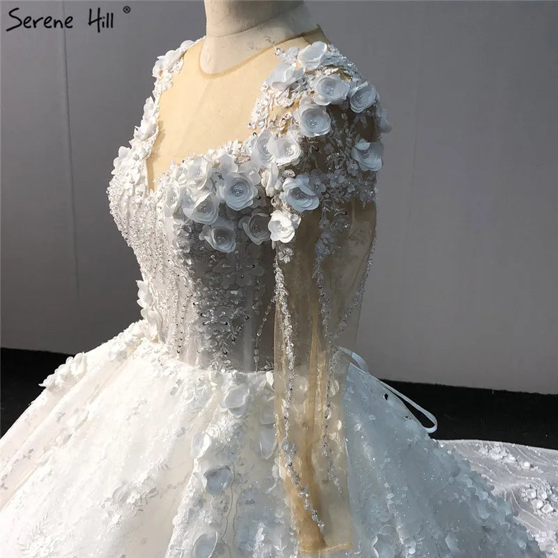 Ivory Long Sleeves Handmade Flowers Wedding Dresses 2024 Dubai O-Neck Vintage Princess Bridal Gowns HA2263 Custom Made
