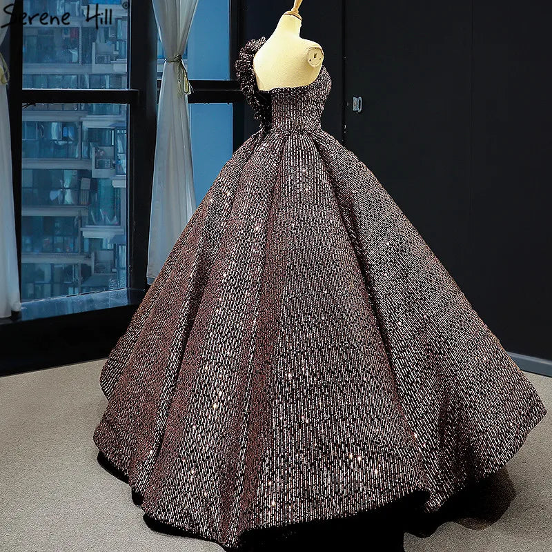 Dubai Brown Sequined Sleeveless Bling Wedding Dress 2024 One Shoulder Luxury Sexy Bridal Gowns HM66860 Cusotm Made