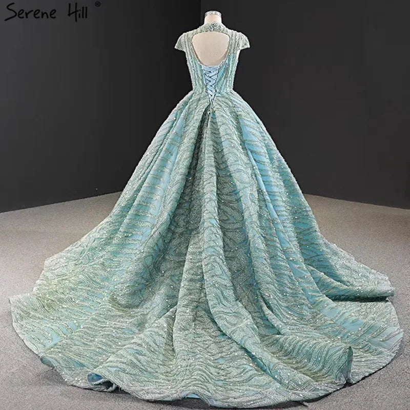 Clear Water Blue High Collar Evening Dresses 2024 Short Sleeve Lace Sequined Bridal Gowns Design Real Photo HM66981
