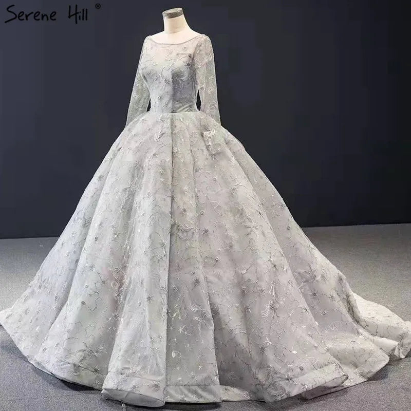 Silver Long Sleeves Sexy Wedding Dresses Design 2024 Handmade Flowers Beading Bridal Gowns Real Photo HM66954 Custom Made