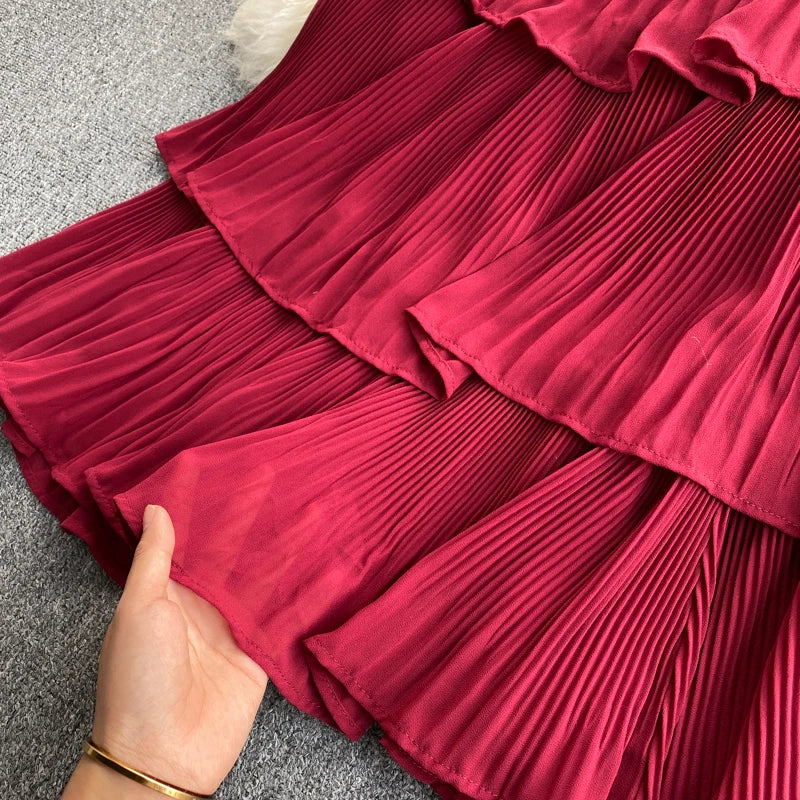 Women Beach Midi Dress 2021 New Summer Sexy V-neck Pleat Layer Ruffled Beach Dresses Ladies Elegant A Line Long Robe Vestido