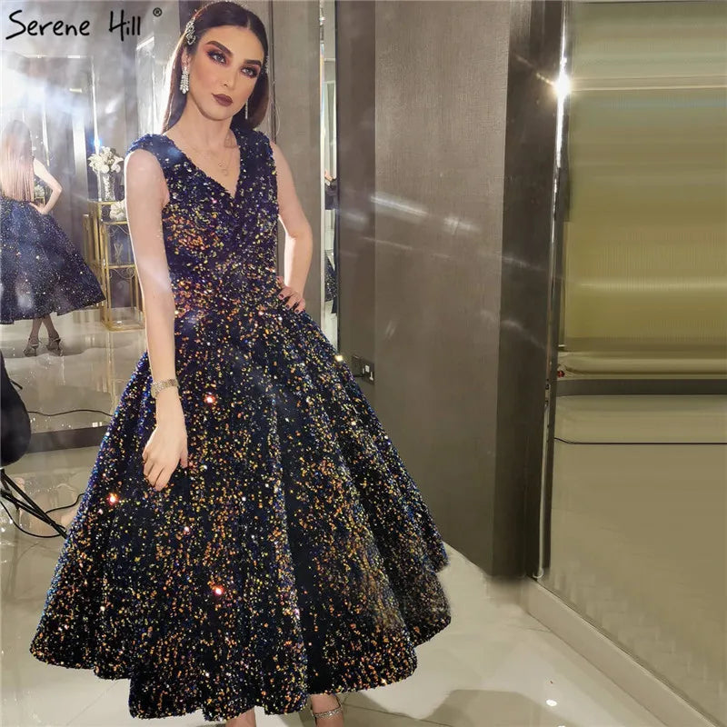 Indigo Blue Gold V-Neck Luxury Evening Dresses 2024 Sleeveless Sequined Sexy Ankle-Length Formal Gowns Serene Hill HA2154