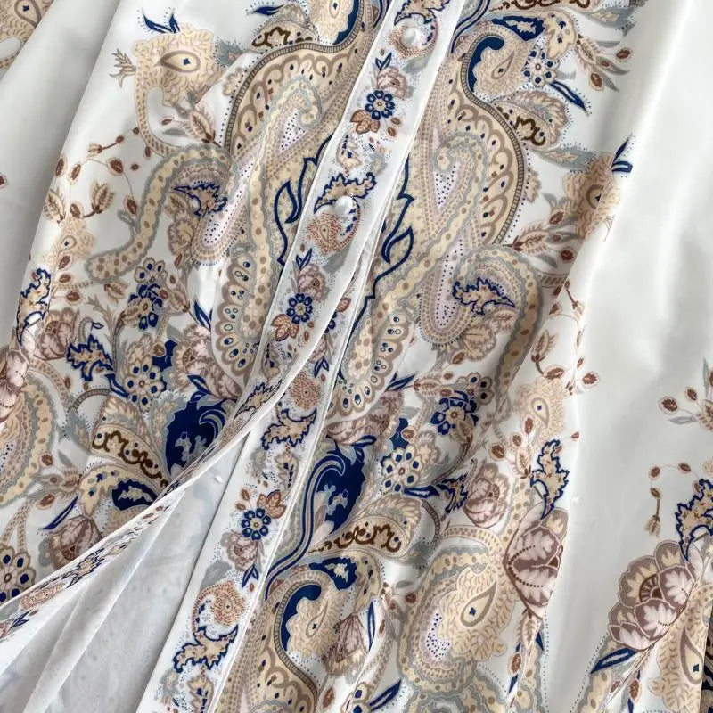 2021 Spring Vintage Court Style Puff Sleeve Party Long Dress with Belt Printed Elegant Slim Boho Formal Club Evening Long Dress