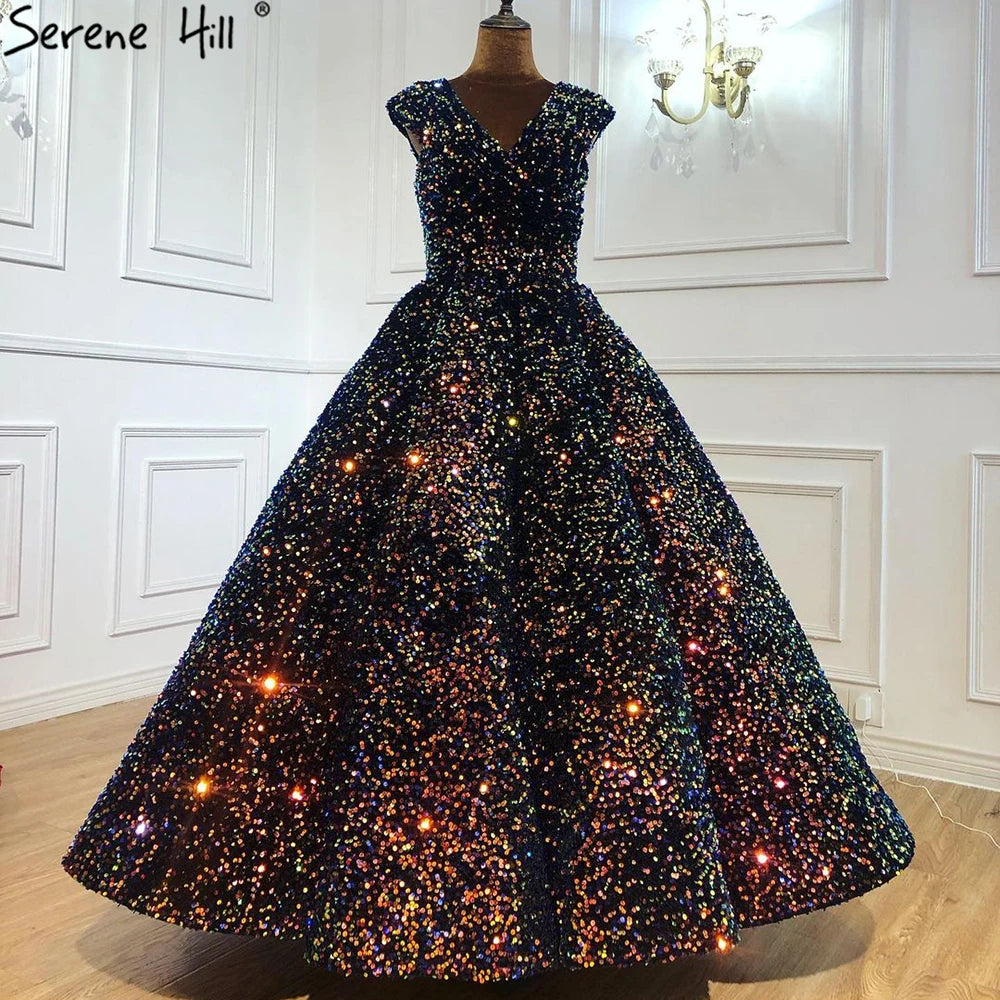 Indigo Blue Gold V-Neck Luxury Evening Dresses 2024 Sleeveless Sequined Sexy Ankle-Length Formal Gowns Serene Hill HA2154