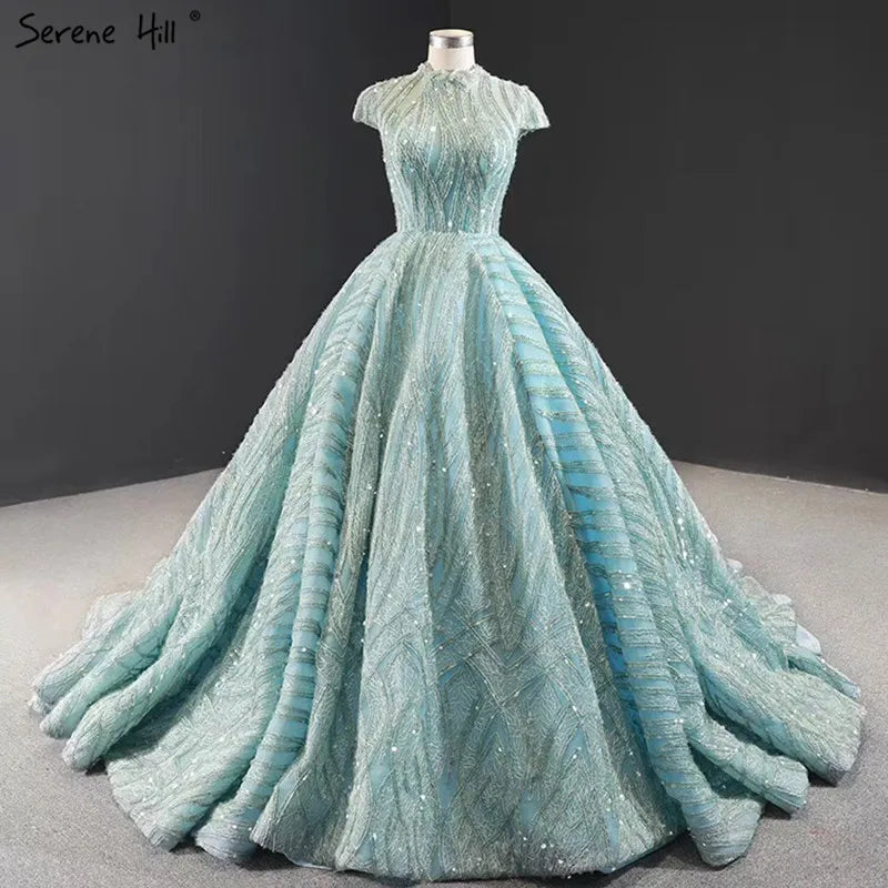 Clear Water Blue High Collar Evening Dresses 2024 Short Sleeve Lace Sequined Bridal Gowns Design Real Photo HM66981
