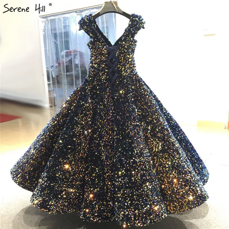 Indigo Blue Gold V-Neck Luxury Evening Dresses 2024 Sleeveless Sequined Sexy Ankle-Length Formal Gowns Serene Hill HA2154