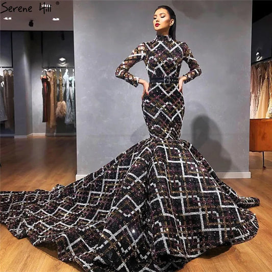 Dubai Black Colorful Sequins Wedding Dresses 2024 Long Sleeve Luxury Mermaid Wedding Gowns HM67018 Custom Made