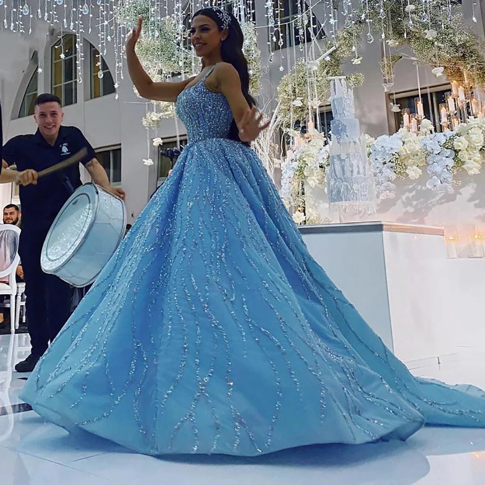Serene Hill Blue Luxury High end Wedding Dresses 2024 Beaded Sleeveless Lace Up Bridal Dress HM67331 Custom Made
