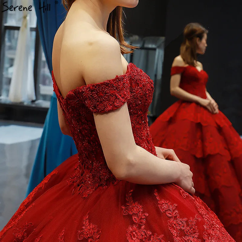 Wine Red Lace Tiered Vintage High-end Sexy Wedding Dress 2024 Off Shoulder Bridal Gowns Real Photo HM66786 Custom Made