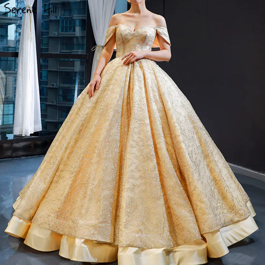 Gold Sexy Sleeveless Luxury Wedding Dresses Design 2024 Off Shoulder Satin Lace Up Bridal Gowns HM66938 Custom Made