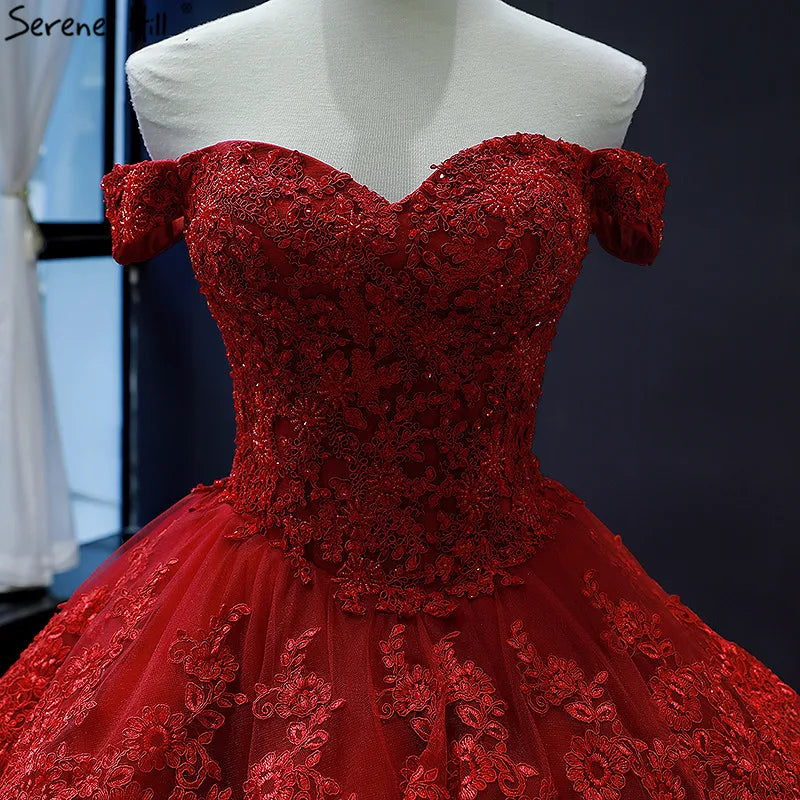 Wine Red Lace Tiered Vintage High-end Sexy Wedding Dress 2024 Off Shoulder Bridal Gowns Real Photo HM66786 Custom Made
