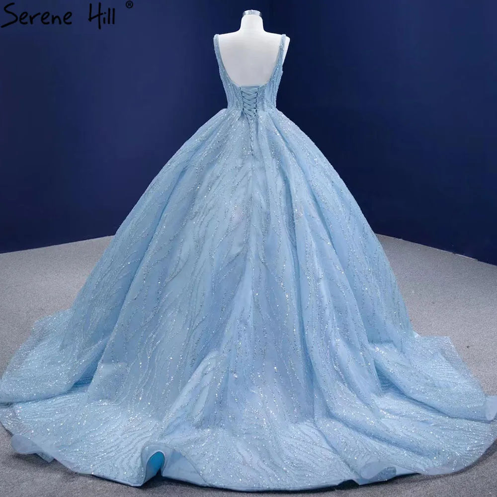 Serene Hill Blue Luxury High end Wedding Dresses 2024 Beaded Sleeveless Lace Up Bridal Dress HM67331 Custom Made