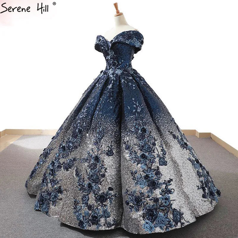 2024 Off Shoulder High-end Blue Bridal Wedding Dress New Sleeveless Sequined Sparkle Weddding Gown Real Photo 66536B