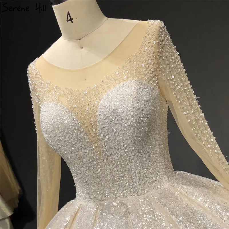 Dubai White Luxury Long Sleeves Wedding Dresses 2024 O-Neck Sequined Beading Lace Up Bridal Gowns Serene Hill HA2266 Cusotm Made