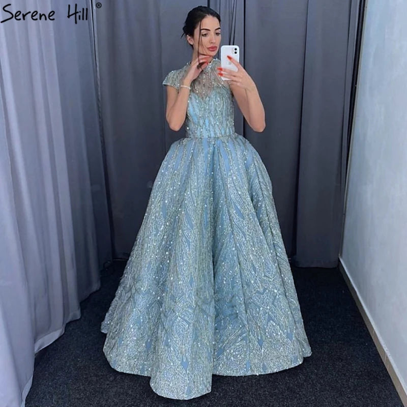 Clear Water Blue High Collar Evening Dresses 2024 Short Sleeve Lace Sequined Bridal Gowns Design Real Photo HM66981