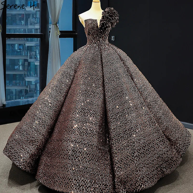 Dubai Brown Sequined Sleeveless Bling Wedding Dress 2024 One Shoulder Luxury Sexy Bridal Gowns HM66860 Cusotm Made