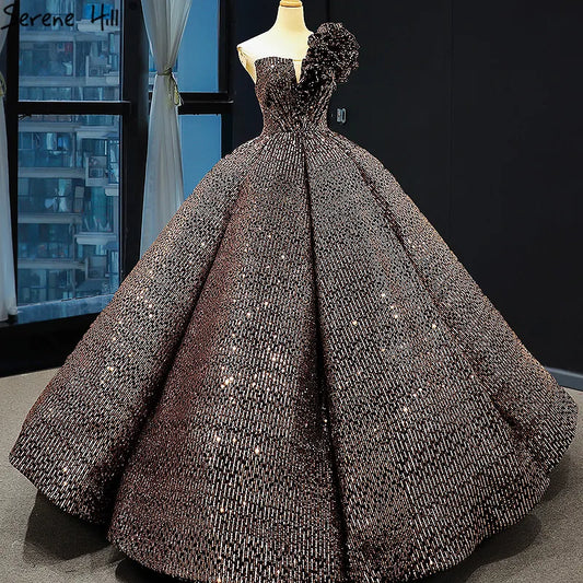 Dubai Brown Sequined Sleeveless Bling Wedding Dress 2024 One Shoulder Luxury Sexy Bridal Gowns HM66860 Cusotm Made