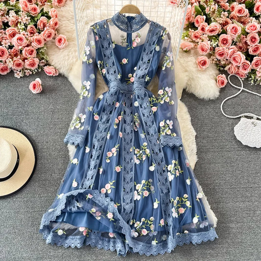New Fashion Autumn Women O Neck Long Sleeve Mesh Embroidery Hook Flower Slim A-line Dress Elegant Female Party Clothes Vestidos