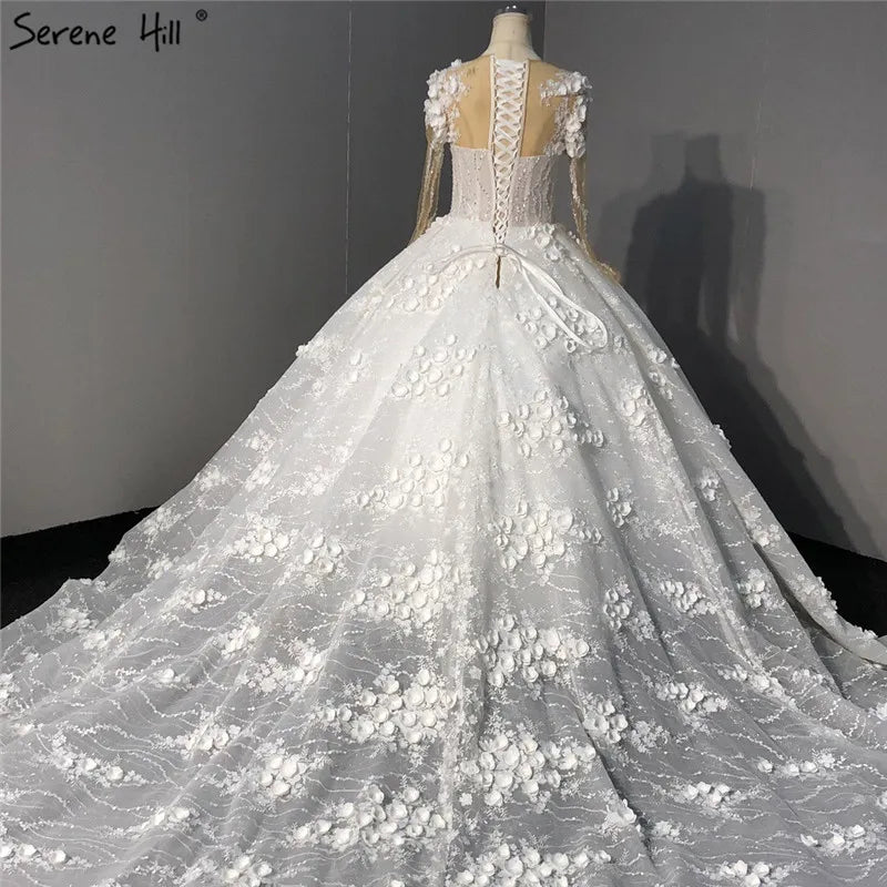 Ivory Long Sleeves Handmade Flowers Wedding Dresses 2024 Dubai O-Neck Vintage Princess Bridal Gowns HA2263 Custom Made