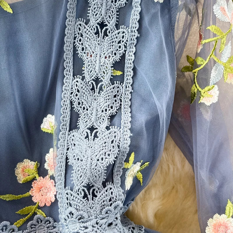 New Fashion Autumn Women O Neck Long Sleeve Mesh Embroidery Hook Flower Slim A-line Dress Elegant Female Party Clothes Vestidos