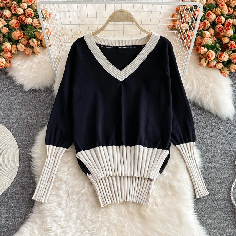 Women Autumn Winter Loose Casual Knitted Clothing Sets V-Neck Patchwork Pullover Sweater+Elastic Waist Trousers Casual Outfits