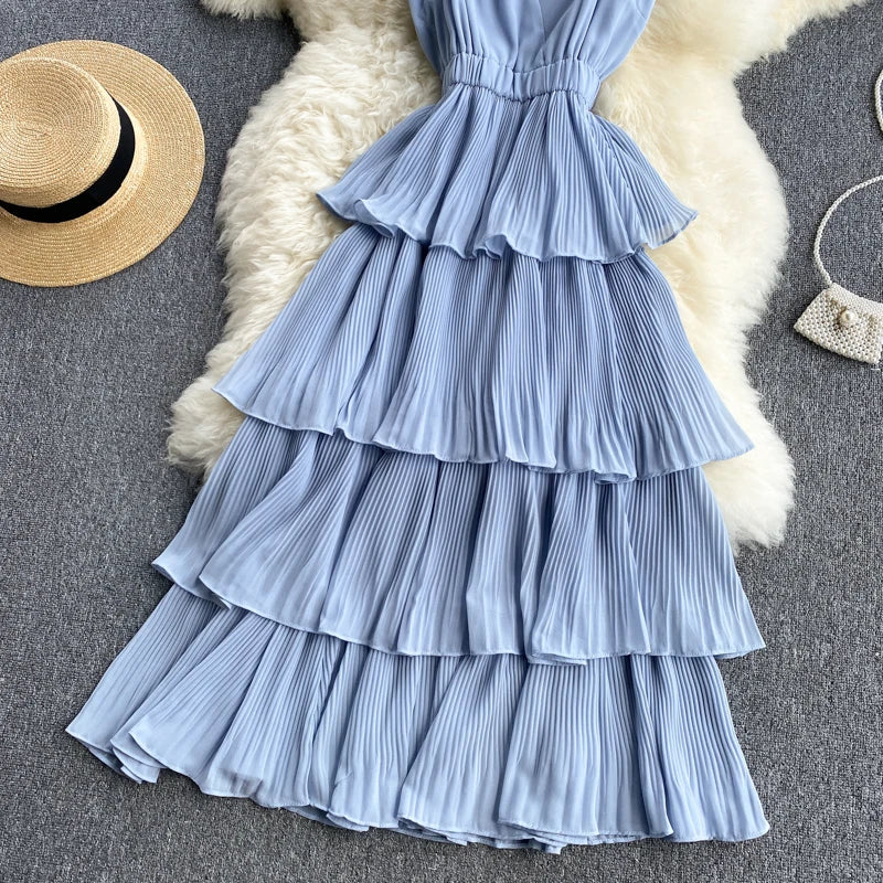 Women Beach Midi Dress 2021 New Summer Sexy V-neck Pleat Layer Ruffled Beach Dresses Ladies Elegant A Line Long Robe Vestido