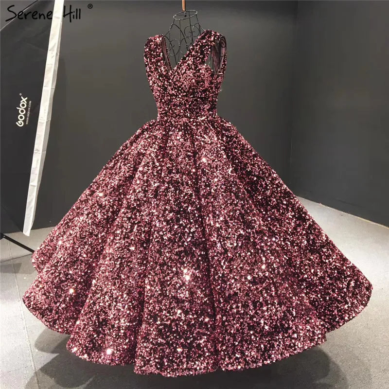Indigo Blue Gold V-Neck Luxury Evening Dresses 2024 Sleeveless Sequined Sexy Ankle-Length Formal Gowns Serene Hill HA2154