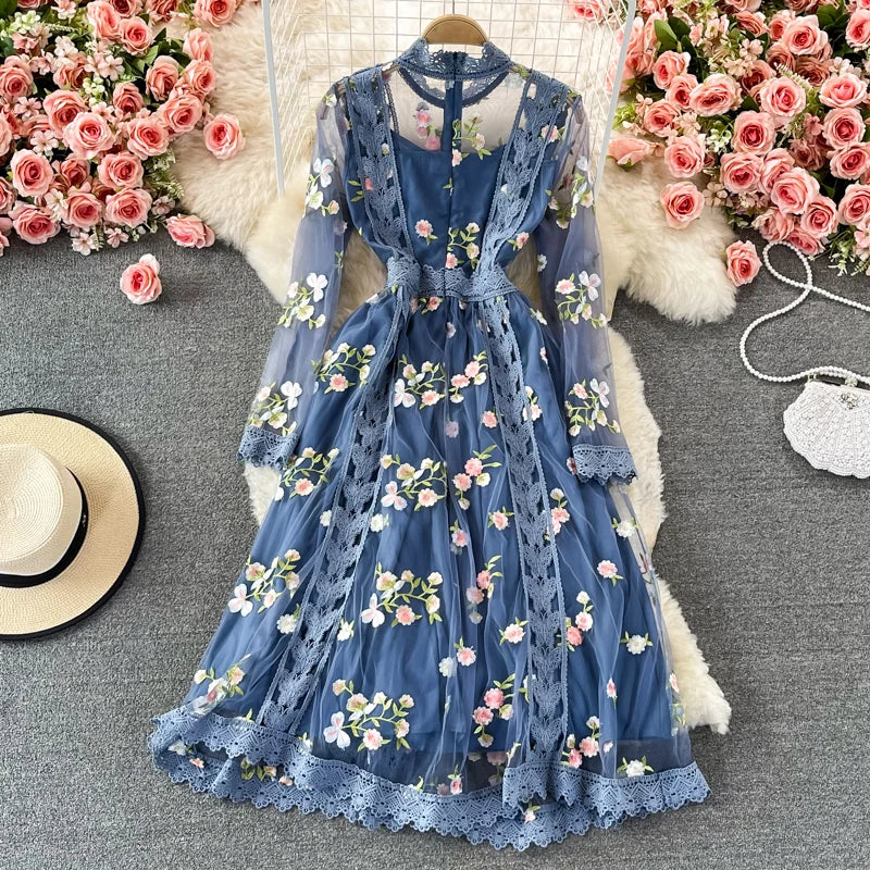 New Fashion Autumn Women O Neck Long Sleeve Mesh Embroidery Hook Flower Slim A-line Dress Elegant Female Party Clothes Vestidos