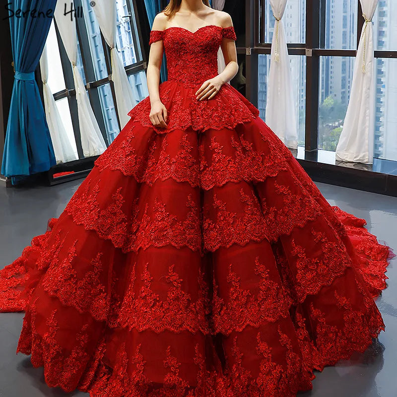 Wine Red Lace Tiered Vintage High-end Sexy Wedding Dress 2024 Off Shoulder Bridal Gowns Real Photo HM66786 Custom Made
