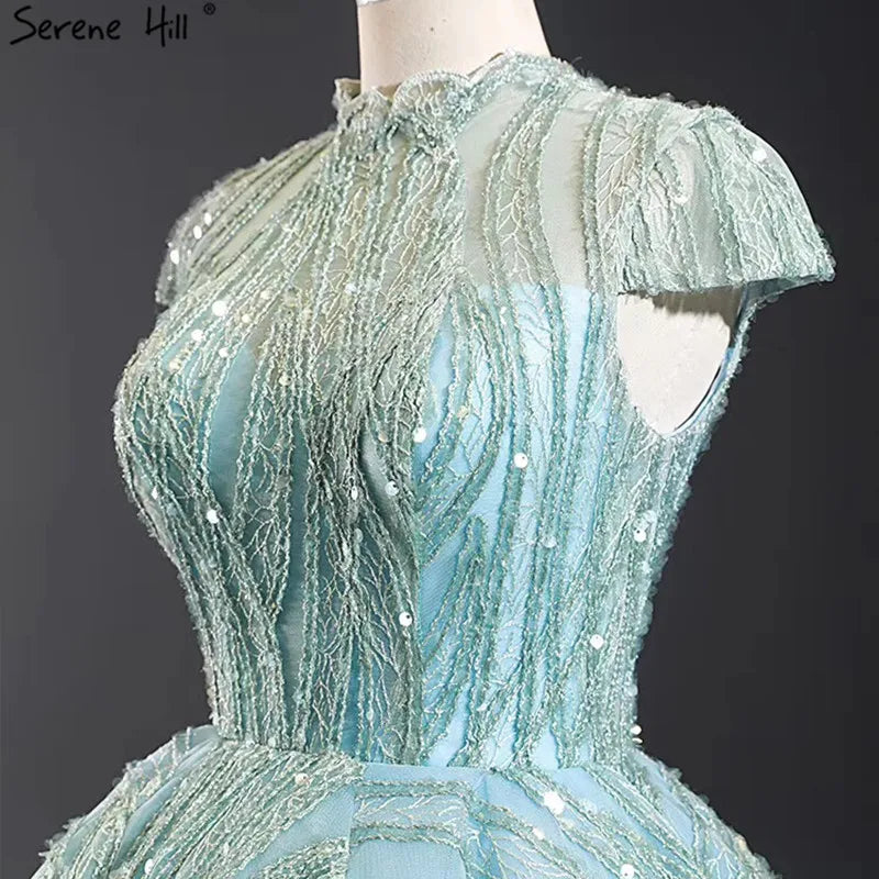 Clear Water Blue High Collar Evening Dresses 2024 Short Sleeve Lace Sequined Bridal Gowns Design Real Photo HM66981