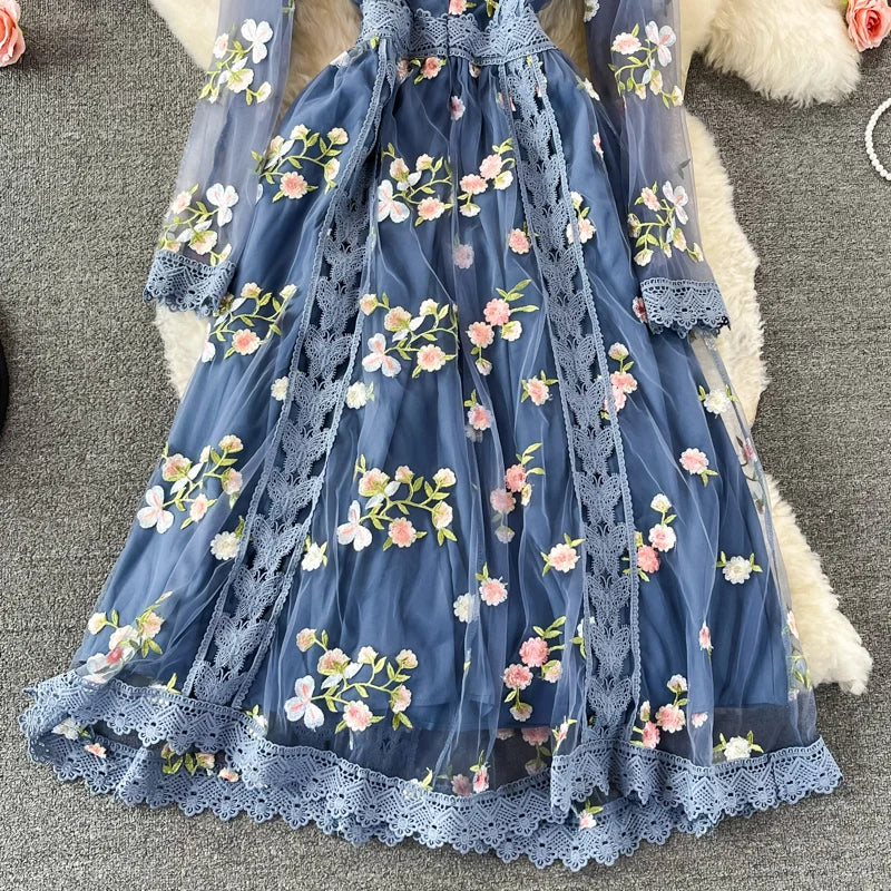 New Fashion Autumn Women O Neck Long Sleeve Mesh Embroidery Hook Flower Slim A-line Dress Elegant Female Party Clothes Vestidos