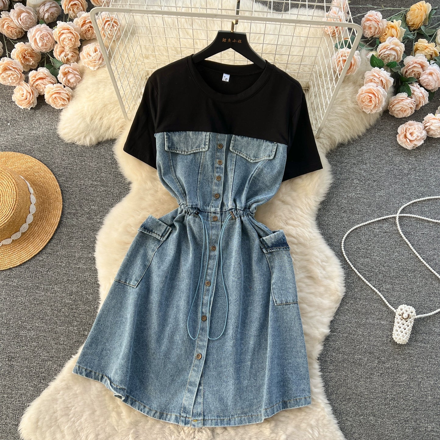 Spring Fashion Elegant Casual Women Patchwork Mini Denim Dress Vintage Slim Drawstring Dresses Female Party Clothes Robe New