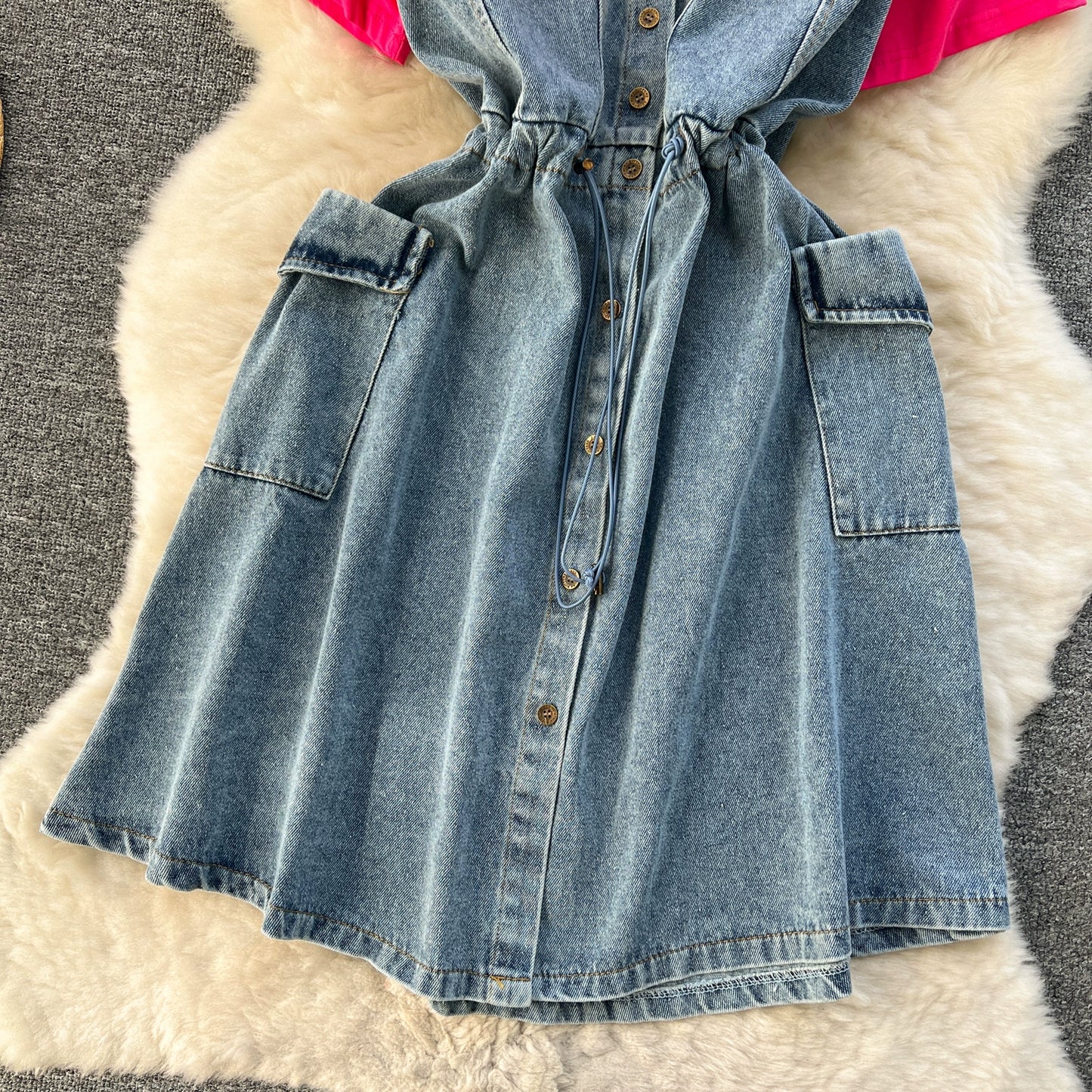 Spring Fashion Elegant Casual Women Patchwork Mini Denim Dress Vintage Slim Drawstring Dresses Female Party Clothes Robe New