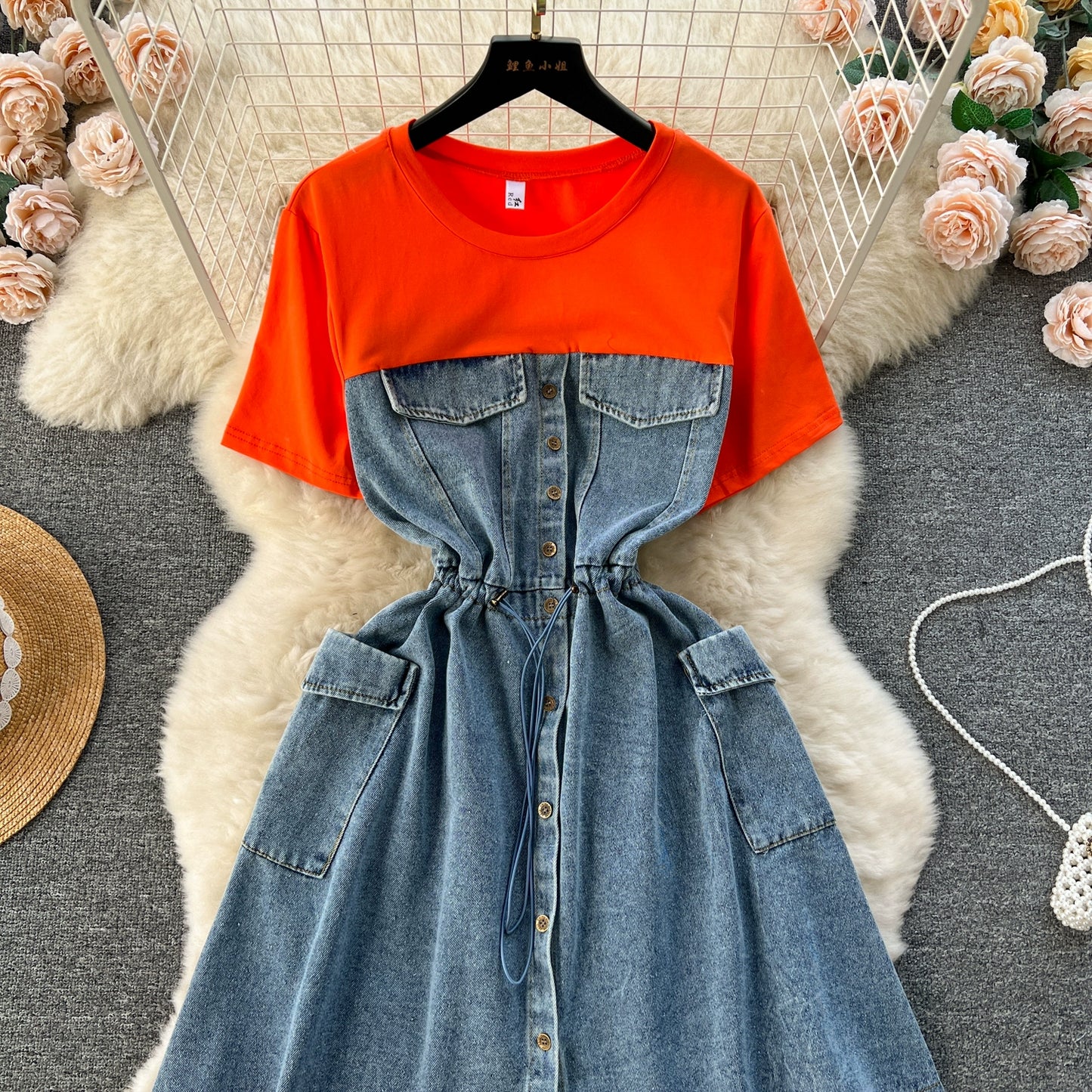 Spring Fashion Elegant Casual Women Patchwork Mini Denim Dress Vintage Slim Drawstring Dresses Female Party Clothes Robe New