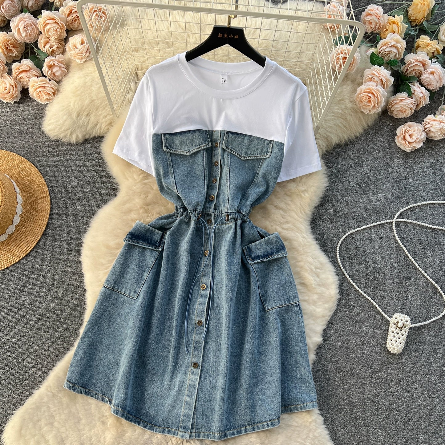 Spring Fashion Elegant Casual Women Patchwork Mini Denim Dress Vintage Slim Drawstring Dresses Female Party Clothes Robe New